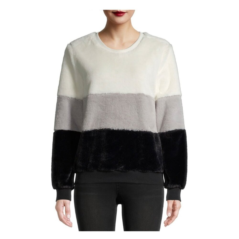 No Boundaries Juniors' Fuzzy Color Blocked Black White Winter Pullover SZ Large - Picture 2 of 4